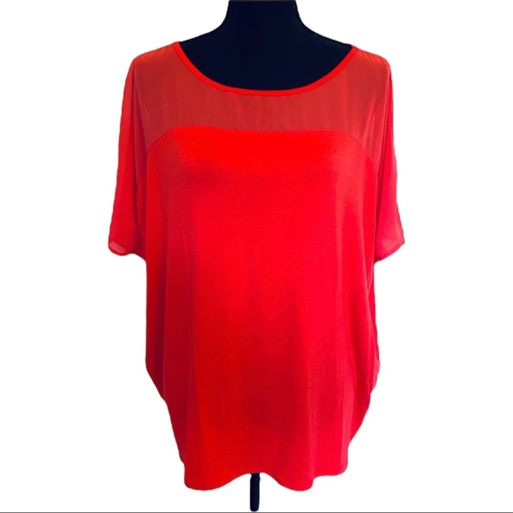 Cielo Semi Sheer Detail Drape Sleeve Top Coral M